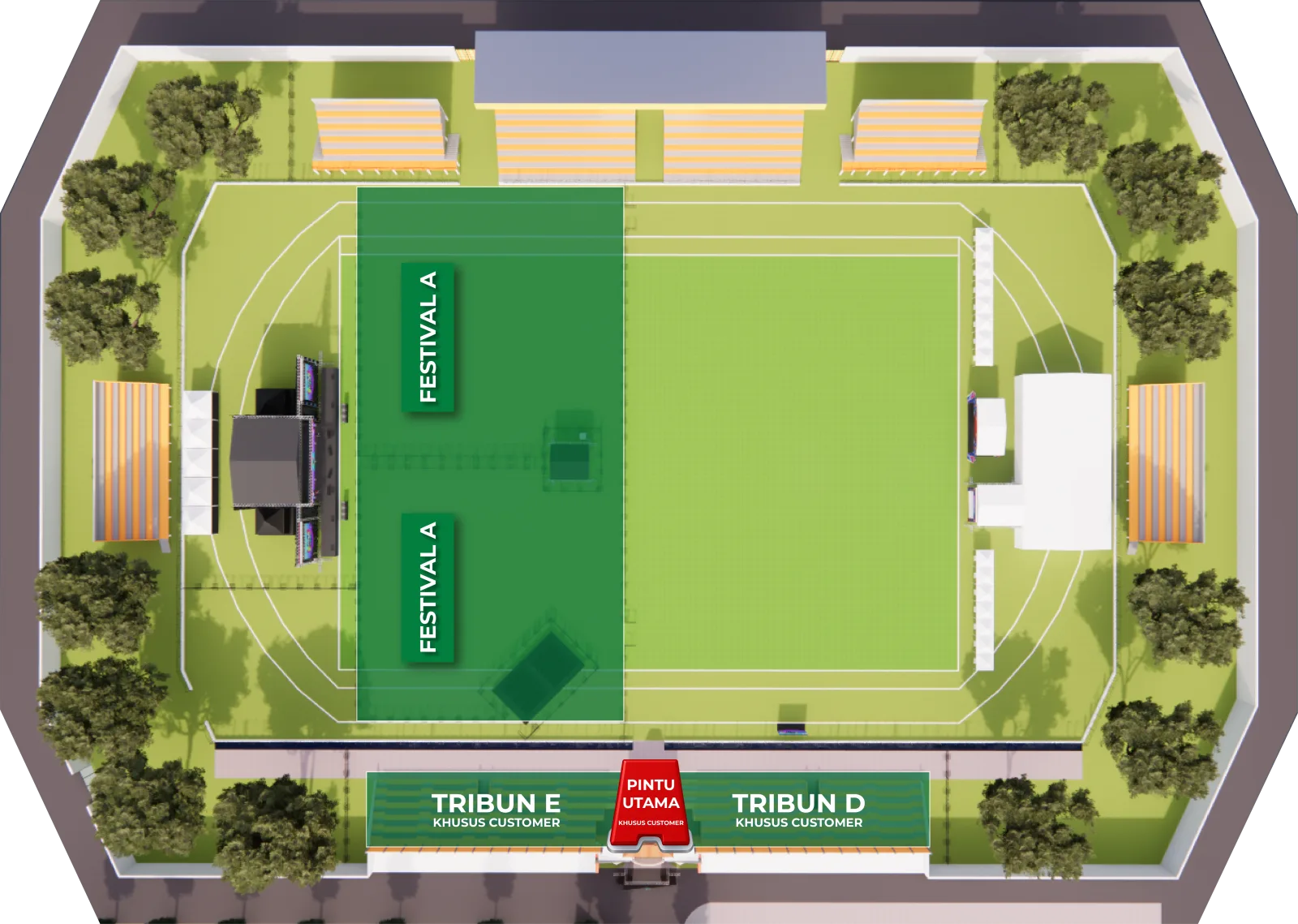 Denah area pelanggan Infly: Festival A, Tribun D dan Tribun E, masuk lewat Pintu Utama